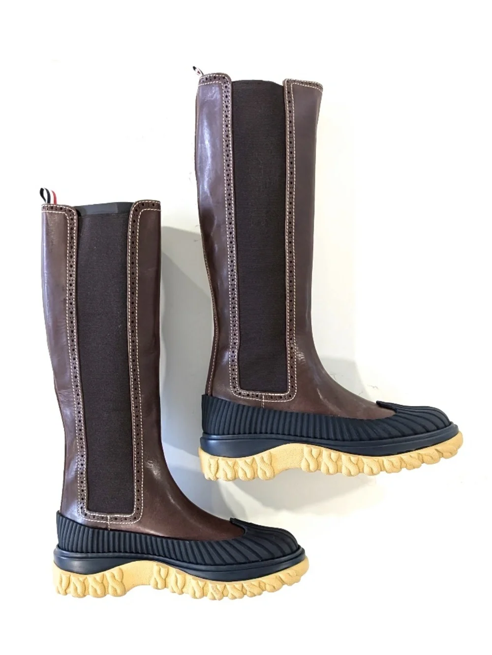 THOM BROWNE Knee High Chelsea Duck Boots Brown Leather Rubber Sole SIZE 9
